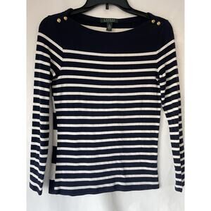 Ralph Lauren Blue White Stripe Cotton Nautical Sweater Gold Button M Classic